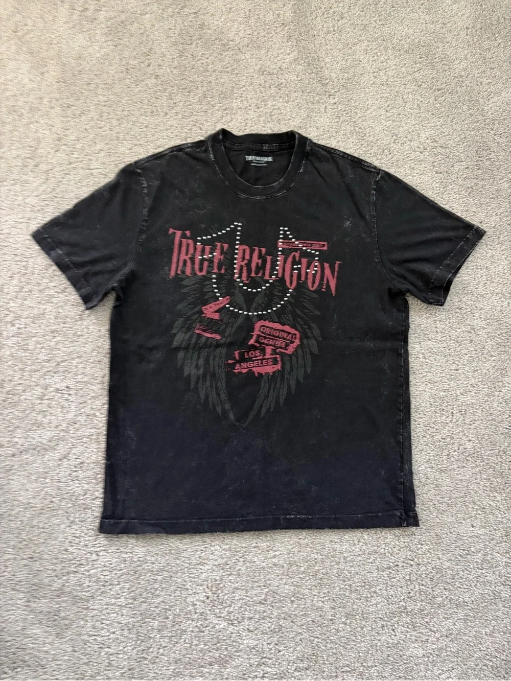 True Religion Black Short-Sleeve Tee with Red Graphic Logo